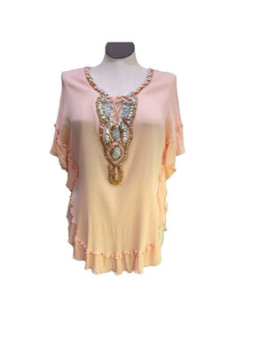 Azara Paris Womens Pink Gauze Beaded Beach Tunic Batwing Sleeve Ruffle Lagenlook